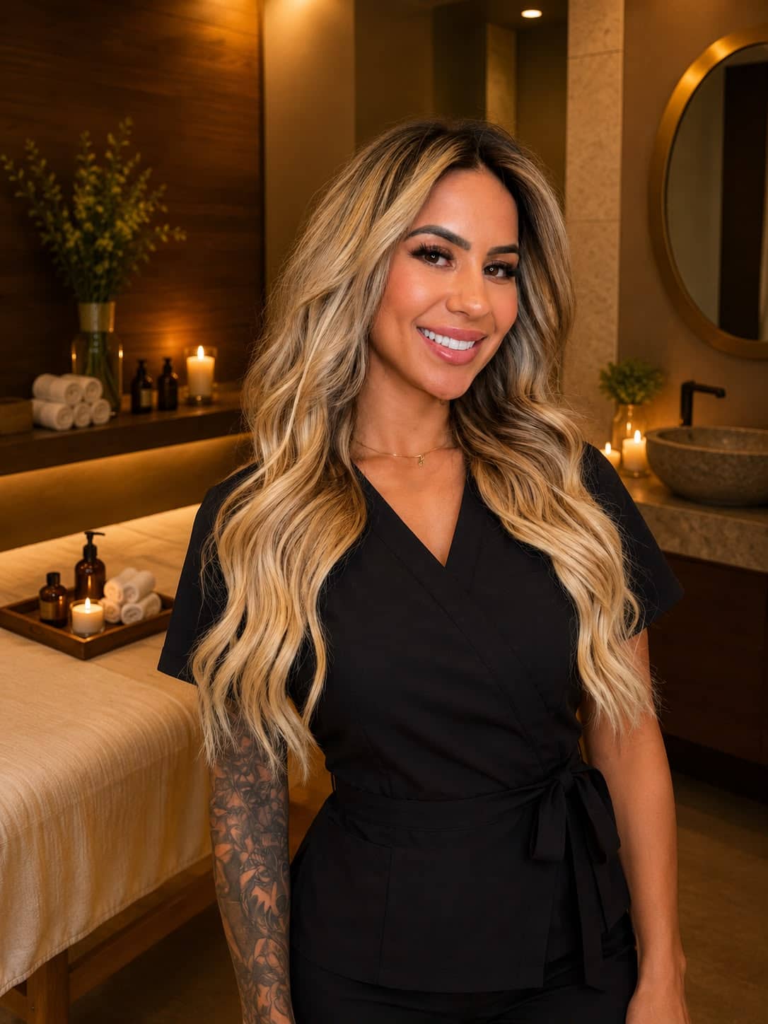 Lanna smiling in her treatment room, with a massage table, candles and soft light